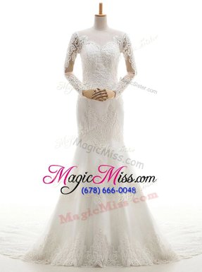 Dramatic Mermaid White V-neck Clasp Handle Lace and Appliques Wedding Gown Brush Train Long Sleeves