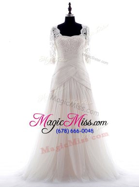 Chic White Tulle Zipper Square Half Sleeves With Train Wedding Gown Brush Train Lace