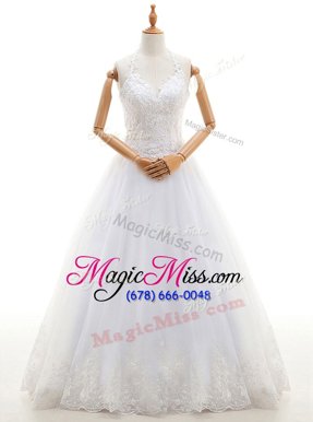 White Empire Halter Top Sleeveless Organza Floor Length Lace Up Lace and Appliques Wedding Dress