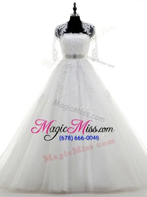 Captivating White Ball Gowns Beading and Lace and Appliques Wedding Gowns Lace Up Tulle Sleeveless With Train