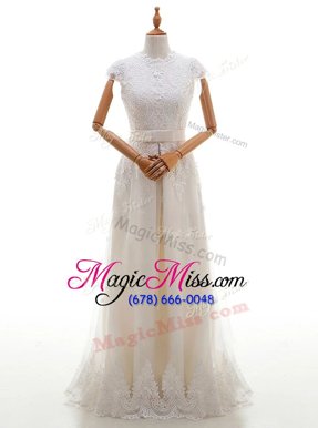 Cute Scoop White Empire Lace and Appliques Wedding Gown Zipper Tulle Cap Sleeves With Train