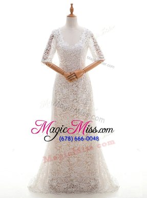 Superior White Clasp Handle Scoop Lace Wedding Gown Lace Half Sleeves Brush Train