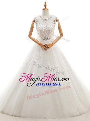 Enchanting White Wedding Dresses Wedding Party and For with Beading and Lace Scoop Sleeveless Brush Train Clasp Handle