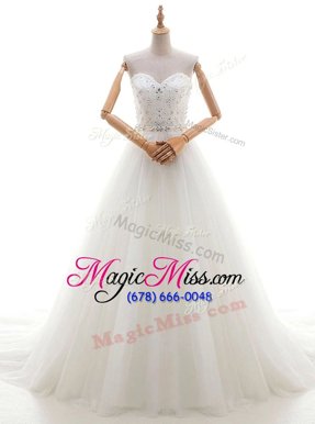 Pretty White Wedding Gowns Wedding Party and For with Beading and Appliques Sweetheart Sleeveless Brush Train Lace Up