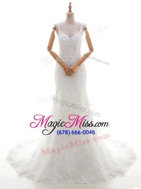 Popular White Criss Cross Bridal Gown Beading and Lace and Appliques Sleeveless With Brush Train