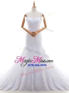 Nice Mermaid White Sleeveless Lace Brush Train Backless Wedding Gowns for Wedding Party