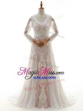 Chic V-neck Long Sleeves Wedding Dresses With Brush Train Lace White Lace