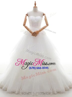 Exquisite With Train White Bridal Gown Tulle Court Train Sleeveless Lace