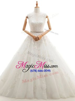 Superior White A-line Scoop Sleeveless Tulle With Brush Train Clasp Handle Lace and Appliques Bridal Gown