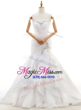 Affordable White Organza Lace Up Sweetheart Sleeveless With Train Wedding Dresses Court Train Beading and Ruffles