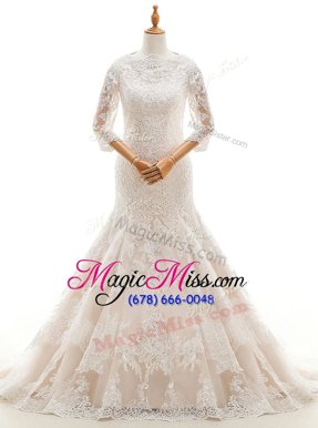 Affordable Mermaid White 3|4 Length Sleeve Court Train Lace and Ruffled Layers With Train Wedding Dresses