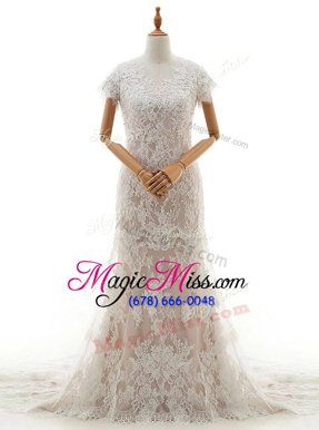 Discount Mermaid White Cap Sleeves With Train Lace and Appliques Clasp Handle Wedding Gown
