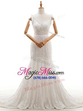 Popular Lace With Train Mermaid Sleeveless White Wedding Gown Court Train Backless