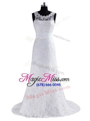 Hot Sale Scoop Brush Train Column/Sheath Wedding Gowns White Scalloped Lace Sleeveless With Train Backless