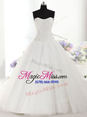 Admirable White Wedding Gowns Wedding Party and For with Beading Strapless Sleeveless Brush Train Lace Up