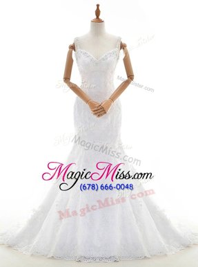 Best Mermaid Sleeveless Lace With Train Court Train Backless Wedding Gowns in White for with Beading and Lace