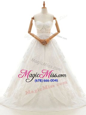 Custom Fit Lace and Appliques and Bowknot Wedding Dress White Zipper Sleeveless With Train Court Train