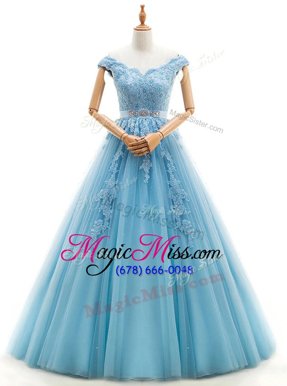 Extravagant V-neck Cap Sleeves Wedding Gown Floor Length Beading and Appliques Baby Blue Tulle