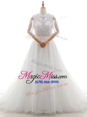 Flare Scoop Organza 3|4 Length Sleeve With Train Wedding Dress Brush Train and Beading and Lace