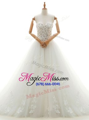 Noble White A-line Tulle Sweetheart Sleeveless Beading and Appliques With Train Lace Up Wedding Dress Chapel Train