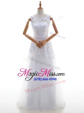 Beautiful White Column/Sheath Tulle Scoop Sleeveless Lace and Appliques With Train Lace Up Wedding Dress Brush Train