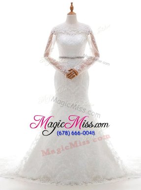 Chic Mermaid White Scoop Neckline Beading and Lace Wedding Dress Long Sleeves Clasp Handle