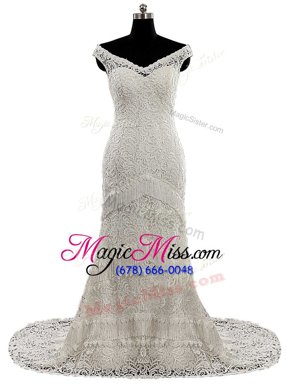 On Sale White Zipper Wedding Dresses Lace and Sashes|ribbons Cap Sleeves With Brush Train