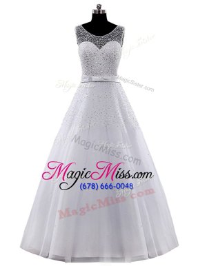 Fancy Scoop Beading and Belt Wedding Gowns White Clasp Handle Sleeveless Floor Length