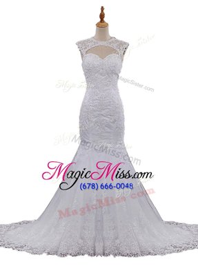 Low Price Mermaid Scoop Beading and Lace Wedding Gown White Clasp Handle Sleeveless With Brush Train