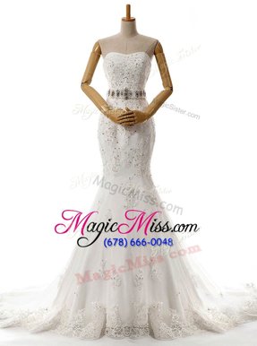 Suitable Mermaid White Lace Up Wedding Dresses Beading and Lace and Appliques Sleeveless With Brush Train