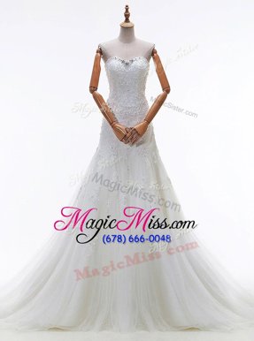 Pretty White Sleeveless With Train Beading and Lace and Appliques Lace Up Wedding Dresses