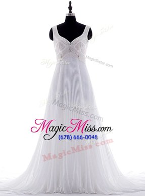 Fancy With Train Zipper Wedding Gown White and In for Wedding Party with Beading and Pleated Brush Train