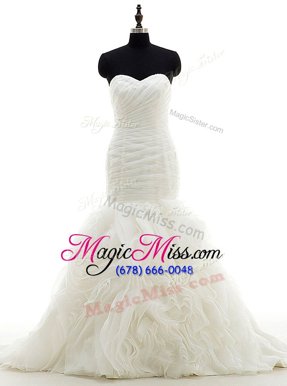 White Mermaid Ruffles and Ruching Wedding Gown Lace Up Organza Sleeveless