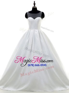 Custom Fit White Zipper Wedding Gowns Lace and Appliques Sleeveless With Train Sweep Train