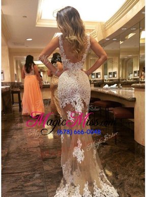 Flare Champagne Mermaid Tulle Scoop Sleeveless Appliques Backless Dress for Prom Court Train