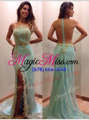 Graceful Mermaid Sequins Dress for Prom Aqua Blue Zipper Sleeveless Court Train