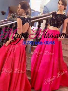 Excellent Scoop Red Satin Backless Cap Sleeves Floor Length Lace