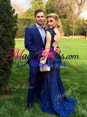 Smart Mermaid Cap Sleeves Floor Length Backless Dress Like A Star Navy Blue and In for Prom and Party with Lace