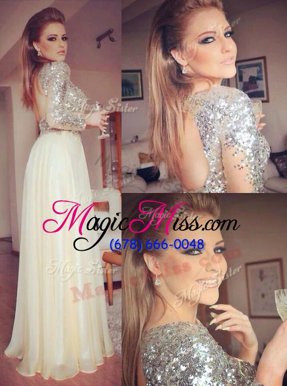 Inexpensive Champagne Chiffon Backless Going Out Dresses Long Sleeves Floor Length Sequins