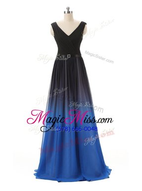 Black and Royal Blue Prom Dress Prom and Party and For with Belt V-neck Sleeveless Zipper