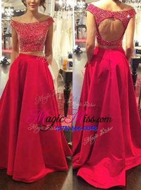 Eye-catching Off the Shoulder Sleeveless Satin With Train Sweep Train Backless Evening Dress in Red for with Beading