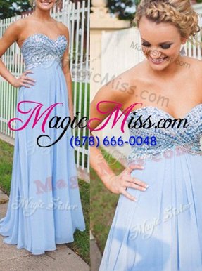 Gorgeous Floor Length Backless Prom Gown Blue and In for Prom and Party with Beading