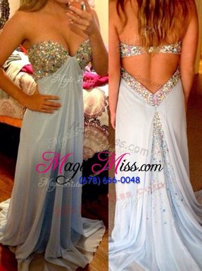 Top Selling Backless Sweetheart Sleeveless Prom Evening Gown Brush Train Beading Blue Chiffon
