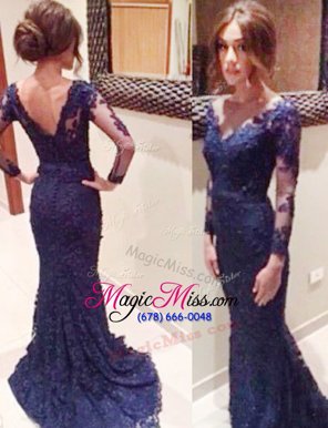 Elegant Mermaid Long Sleeves Backless Dress for Prom Royal Blue and In for Prom and Party with Lace Court Train