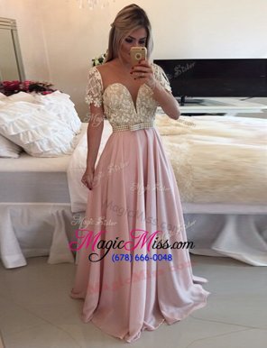 Fantastic Pink Chiffon Zipper Scoop Short Sleeves Floor Length Prom Dresses Beading and Lace