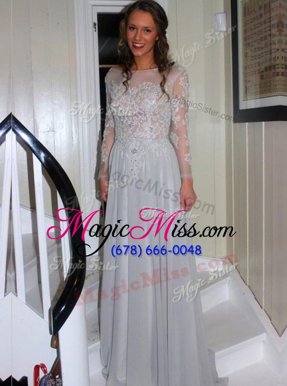 Custom Design Grey Bateau Neckline Appliques Prom Evening Gown Long Sleeves Backless