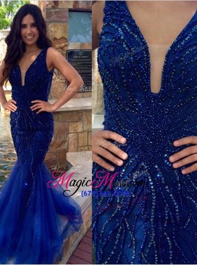Custom Fit Mermaid Floor Length Navy Blue Prom Dresses Tulle Sleeveless Sequins