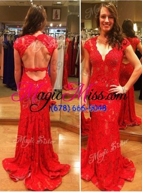 Superior Mermaid Red Backless Evening Dress Lace Cap Sleeves With Train Court Train