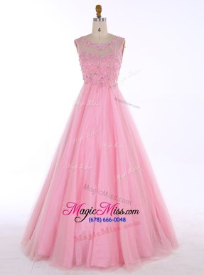 Comfortable Scoop Sleeveless Satin Floor Length Backless in Pink for with Beading and Appliques