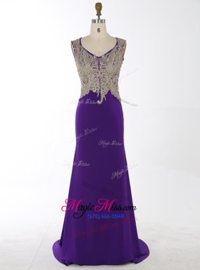 Traditional Mermaid V-neck Sleeveless Prom Dresses With Brush Train Beading and Appliques Purple Chiffon